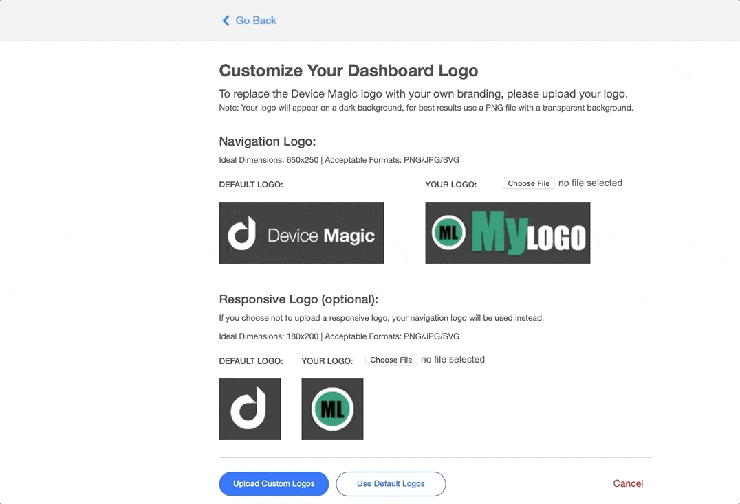 Device Magic forms dashboard customization with custom logo settings