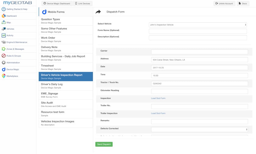 Geotab - Device Magic Form Dispatch Screenshot